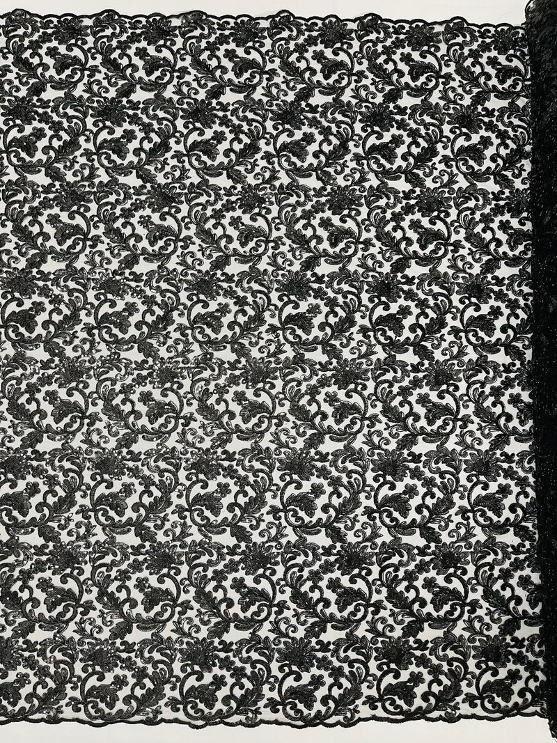 Metallic Floral Lace Fabric - Black - Embroidered Sequins Floral Design Sold By Yard
