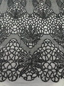 Elegant Floral Leaf Design - Black - 4 Way Stretch Sequins Lace Spandex Fabric By Yard