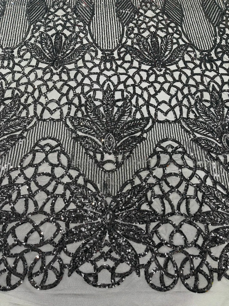 Elegant Floral Leaf Design - Black - 4 Way Stretch Sequins Lace Spandex Fabric By Yard