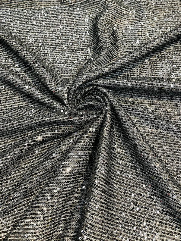 Mille Striped Stretch Sequins - Black - 4 Way Stretch Spandex Sequins Striped Fabric By The Yard