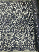 Heart Damask Sequins - Black Holographic - 4 Way Stretch Elegant Shiny Net Sequins Fabric By Yard
