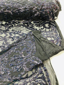 Heart Damask Sequins - Black Holographic - 4 Way Stretch Elegant Shiny Net Sequins Fabric By Yard