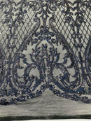 Heart Damask Sequins - Black Holographic - 4 Way Stretch Elegant Shiny Net Sequins Fabric By Yard