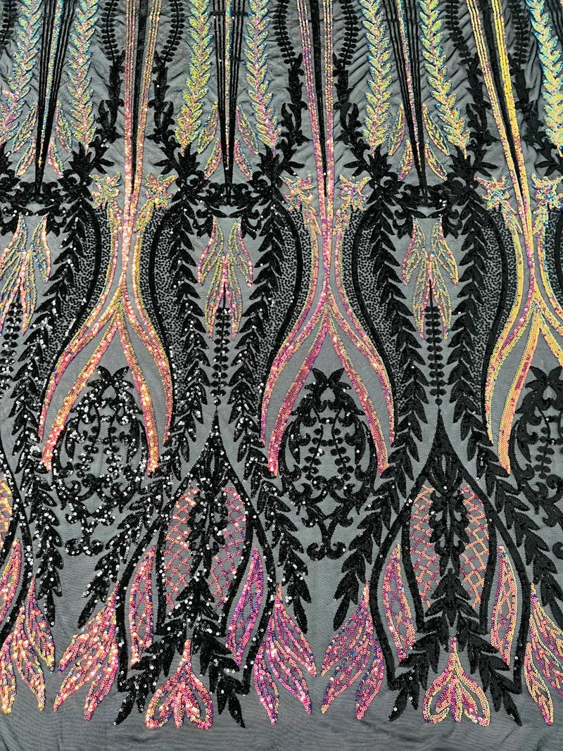 Mermaid Design Sequins Fabric - Black/Rainbow - Sequins Fabric 4 Way Stretch on Mesh By Yard