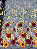 3D Floral and Leaves Embroidery - Black - Multi Color Flower Design on Mesh by Yard