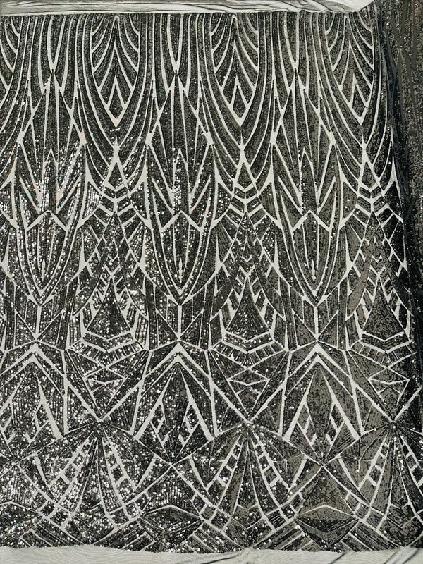 Geometric Fabric - Black  - Geometric Sequins Pattern Design 4 Way Stretch Sold By Yard