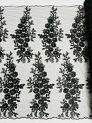 3D Rhinestone Rose Fabric - Black - Embroidered 3D Roses Design on Mesh Fabric Sold by Yard