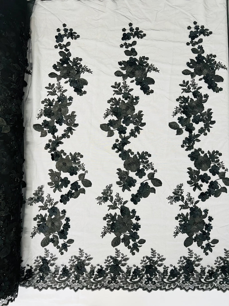 Floral 3D Rose Fabric - Black - Embroided Rose Flower Design Fabric Sold by Yard