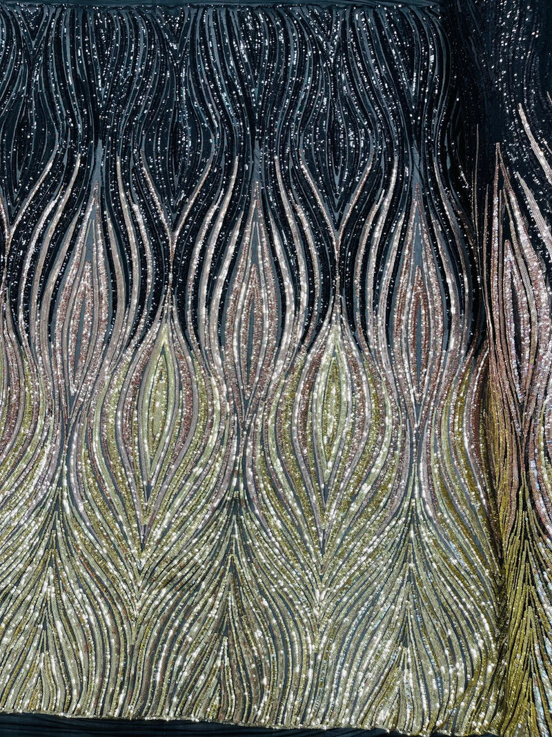 Multi-Color Fabric - Black/Rose/Light Gold - Feather Shape Sequins Fabric Sold By Yard