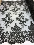 Damask Lace - Floral Damask Design Embroidered on Mesh Lace Fabric - 25 Yard Roll