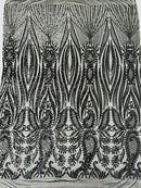 Paisley Sequin Fabric - Black - Line Pattern 4 Way Stretch Elegant Fabric By The Yard
