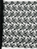 Small Flower Fabric - Black - Floral Plant Embroidered Design on Lace Mesh By Yard