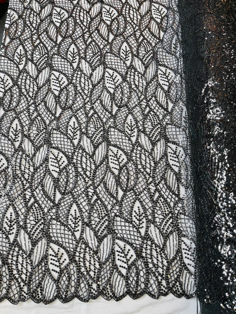 Beaded Leaf Designs Fabric - Black - Embroidered Beads in Leaves Pattern Sold By Yard