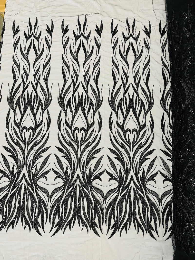 Beaded Elegant Leaf Fabric - Black - Embroidered Leaf Design Beaded Fabric Sold by Yard