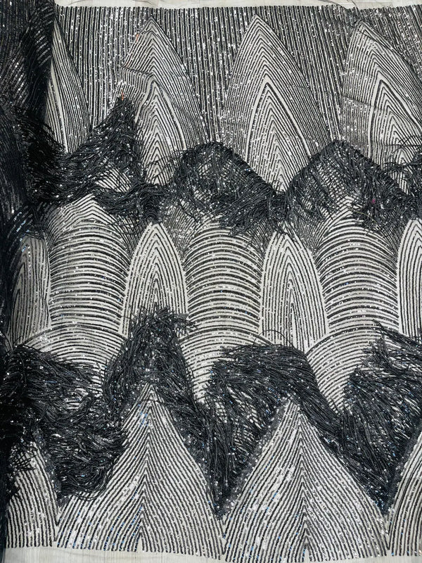 Fringe Sequins Fabric - Black - 2 Way Stretch Glamorous Fringe Design on Mesh By Yard