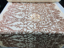 4 Way Stretch - Rose Gold - Sequins Damask Design Fabric Embroidered On Mesh Sold By The Yard