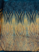 Multi-Color Fabric - Navy/Yellow/Gold - Feather Shape Sequins Fabric Sold By Yard