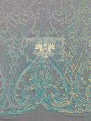 Heart Damask Sequins - Blue/White Iridescent - 4 Way Stretch Elegant Shiny Net Sequins Fabric By Yard