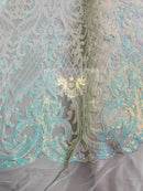 Heart Damask Sequins - Blue/White Iridescent - 4 Way Stretch Elegant Shiny Net Sequins Fabric By Yard