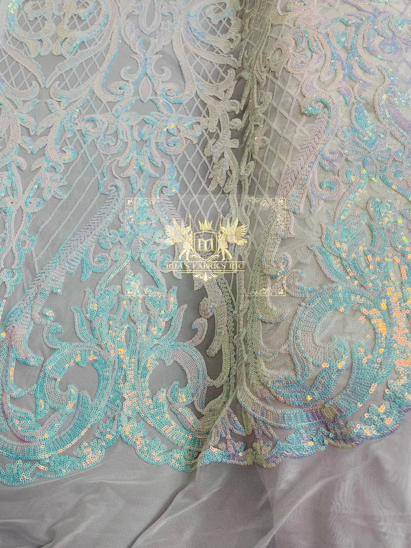 Heart Damask Sequins - Blue/White Iridescent - 4 Way Stretch Elegant Shiny Net Sequins Fabric By Yard