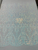 Heart Damask Sequins - Blue/White Iridescent - 4 Way Stretch Elegant Shiny Net Sequins Fabric By Yard