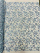Small Flower Fabric - Blue - Floral Plant Embroidered Design on Lace Mesh By Yard