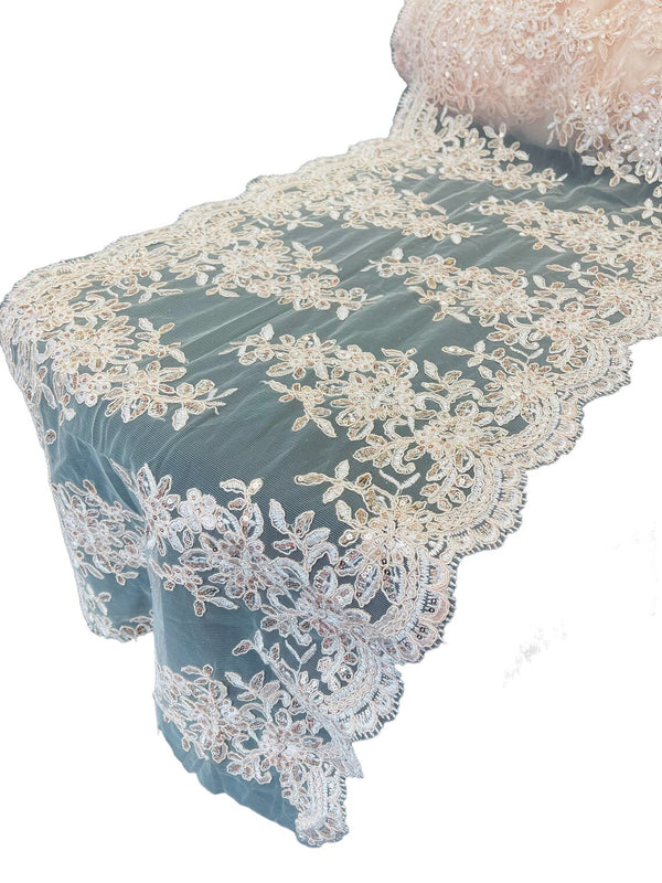 Flower Cluster Lace Sequins Table Runner - Blush - Floral Lace Table Runner Sold By Yard