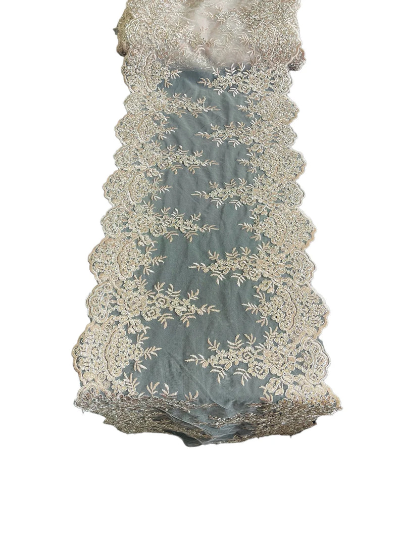 14" Metallic Flower Lace Table Runner - Blush - Floral Runner for Event Decor Sold By The Yard