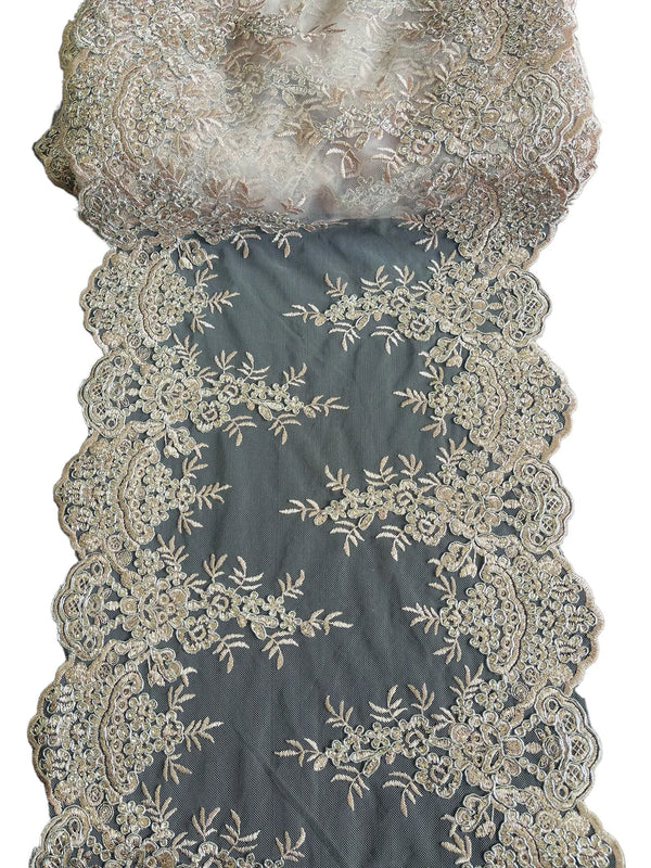 14" Metallic Flower Lace Table Runner - Blush - Floral Runner for Event Decor Sold By The Yard