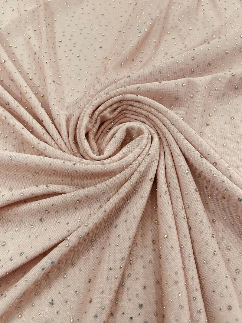 Power Mesh Polyester Rhinestone Fabric - Blush - 4 Way Stretch Power Mesh Fabric Crystal Stones By Yard