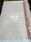 Guipure Floral Lace Fabric - Blush Peach - Floral Pearls Guipure Fabric Sold By Yard