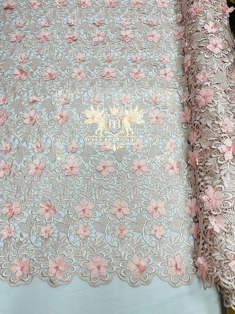 Guipure Floral Lace Fabric - Blush Peach - Floral Pearls Guipure Fabric Sold By Yard