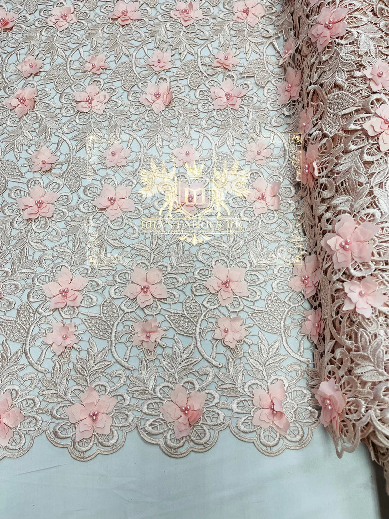 Guipure Floral Lace Fabric - Blush Peach - Floral Pearls Guipure Fabric Sold By Yard