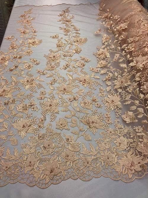 3D Pearl Floral Fabric - Floral Design Embroidered on Mesh Lace Fabric