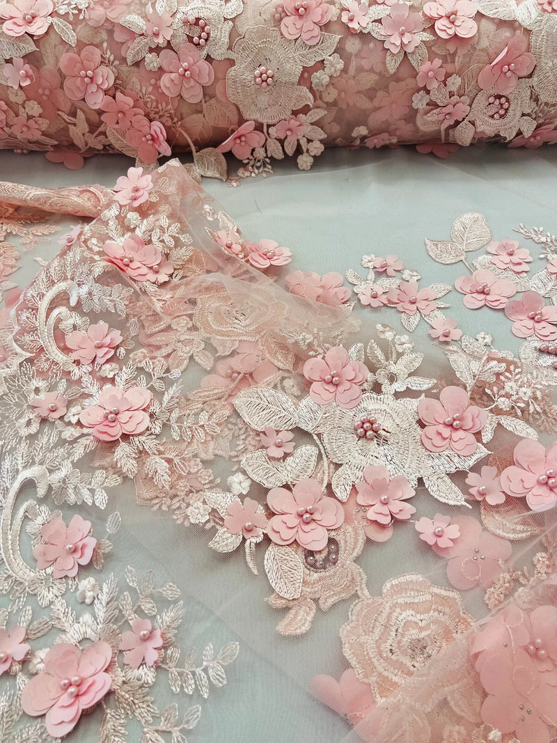 Floral 3D Rose Fabric - Blush Pink - Embroided Rose Flower Design Fabric Sold by Yard