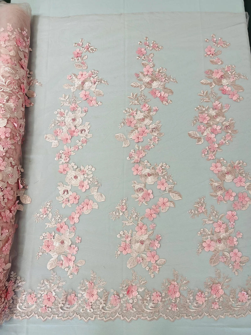 Floral 3D Rose Fabric - Blush Pink - Embroided Rose Flower Design Fabric Sold by Yard