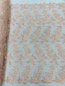 Floral Plant Cluster Fabric - Blush - Embroidered High Quality Lace Fabric Sold by Yard