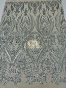 Big Damask Sequins Fabric - Silver - 4 Way Stretch Damask Sequins Design Fabric By Yard