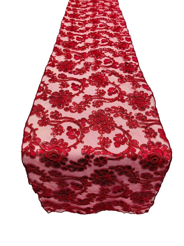 Floral Lace Sequins Table Runner - Burgundy - 12" x 90" Floral Lace Table Runner