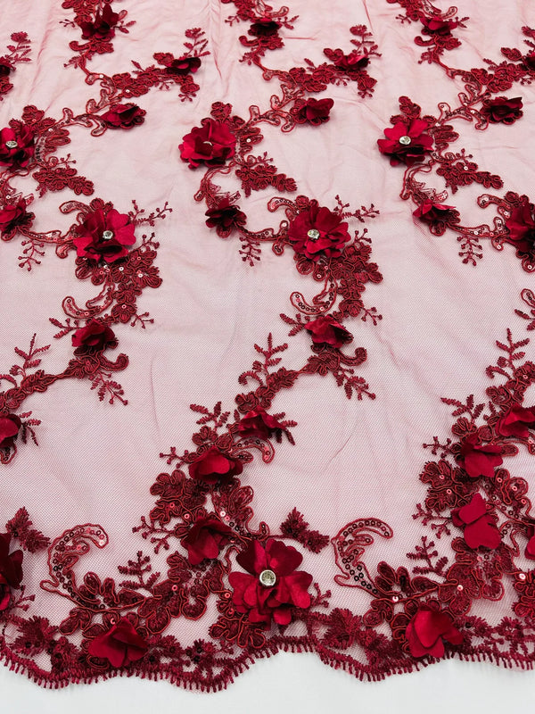 3D Lace Flower Fabric - Burgundy - Embroidered Sequins and 3D Floral Patterns on Lace By Yard