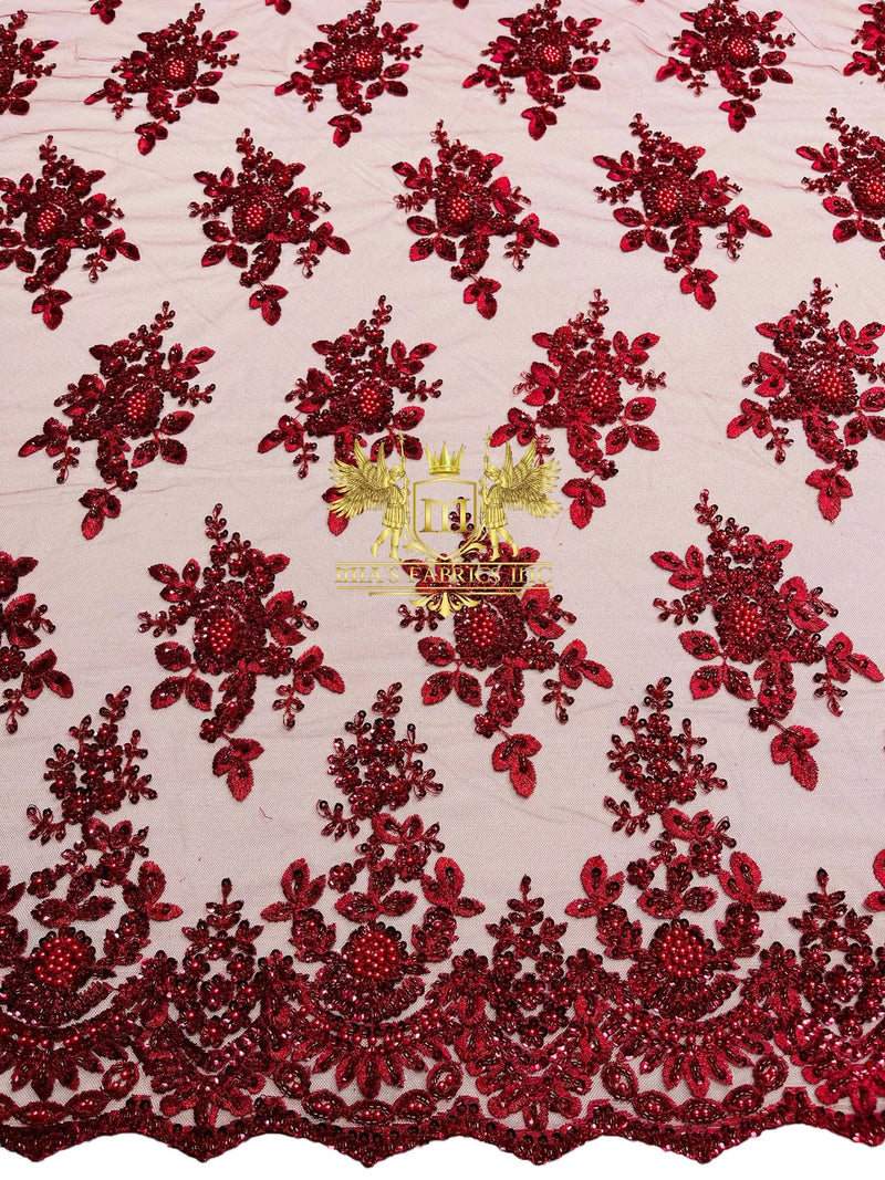 Floral Beaded Fabric - Burgundy - Embroidered Beaded Flowers Cluster Design on a Mesh Sold By Yard