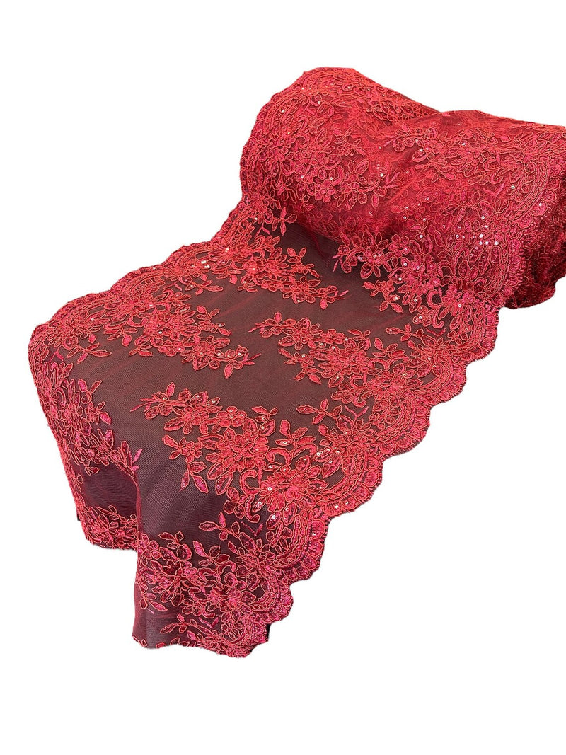 Flower Cluster Lace Sequins Table Runner - Burgundy- Floral Lace Table Runner Sold By Yard