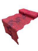 14" Metallic Floral Design Lace Table Runner - Burgundy - Event Table Decor Runner Sold By Yard