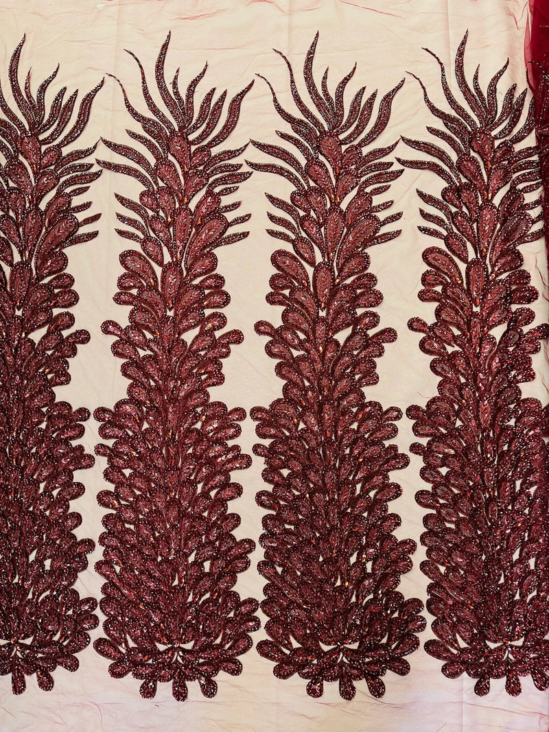 3D Beaded Peacock Feathers - Burgundy - Vegas Design Embroidered Sequins and Beads On a Mesh Lace Fabric (Choose The Panels)