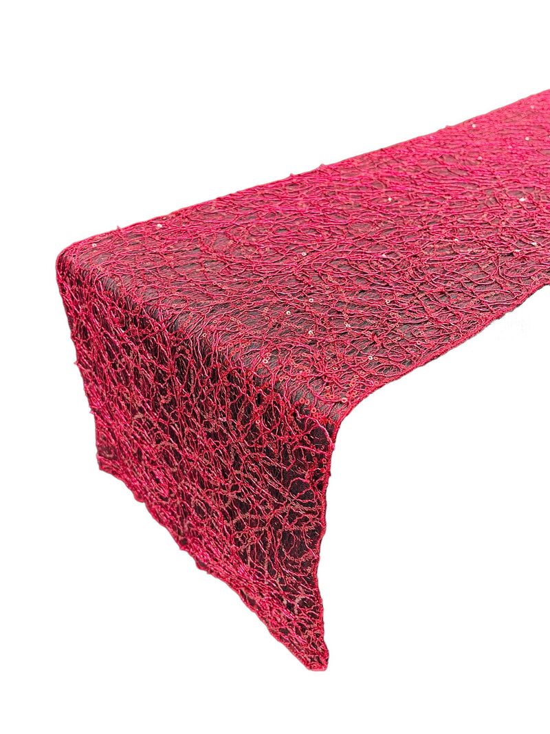 Lace Sequins Table Runner - Burgundy - 12" x 90" Lace Design Table Runner for Event Decor