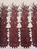 3D Beaded Peacock Feathers - Burgundy - Vegas Design Embroidered Sequins and Beads On a Mesh Lace Fabric (Choose The Panels)