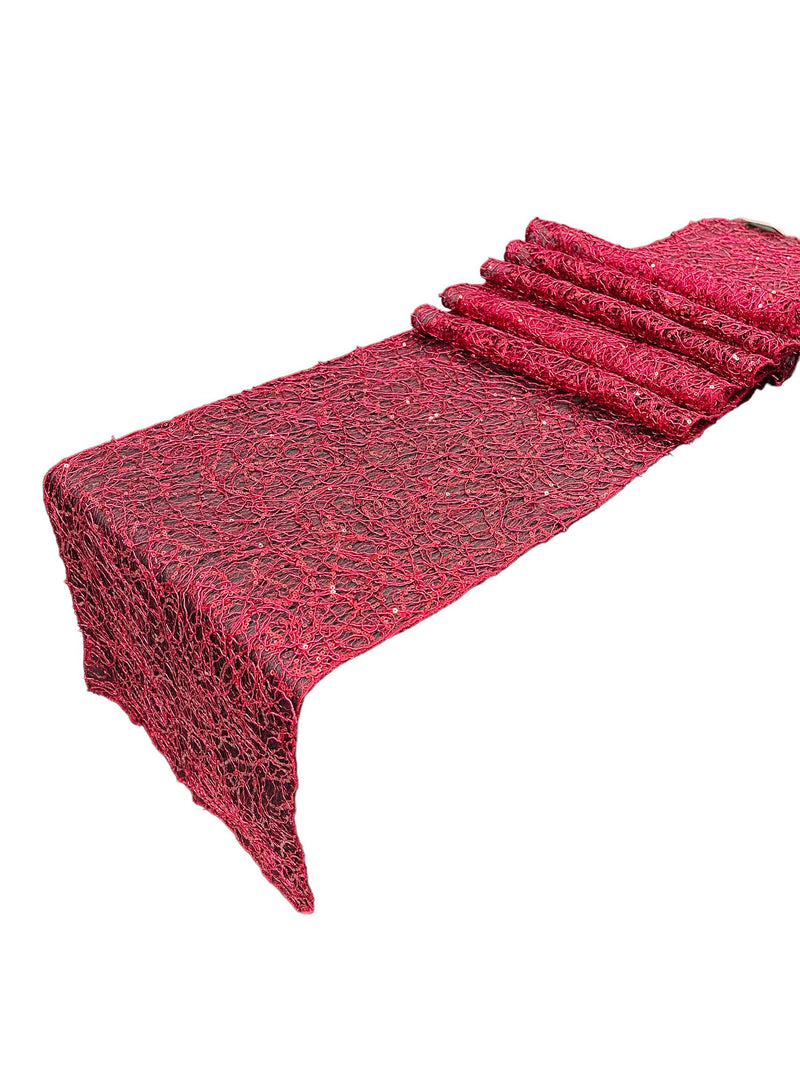 Lace Sequins Table Runner - Burgundy - 12" x 90" Lace Design Table Runner for Event Decor
