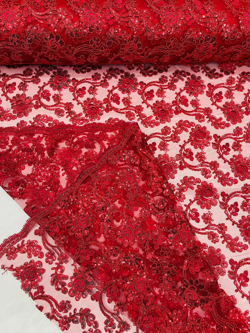 Corded Sequins Flower Lace - Burgundy - Corded Floral Lace With Sequins Sold By Yard