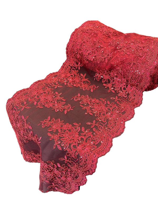 Flower Cluster Lace Sequins Table Runner - Burgundy- Floral Lace Table Runner Sold By Yard