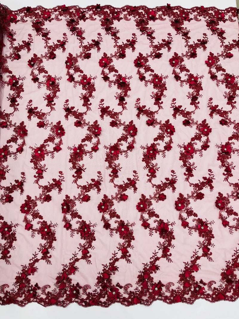 3D Lace Flower Fabric - Burgundy - Embroidered Sequins and 3D Floral Patterns on Lace By Yard